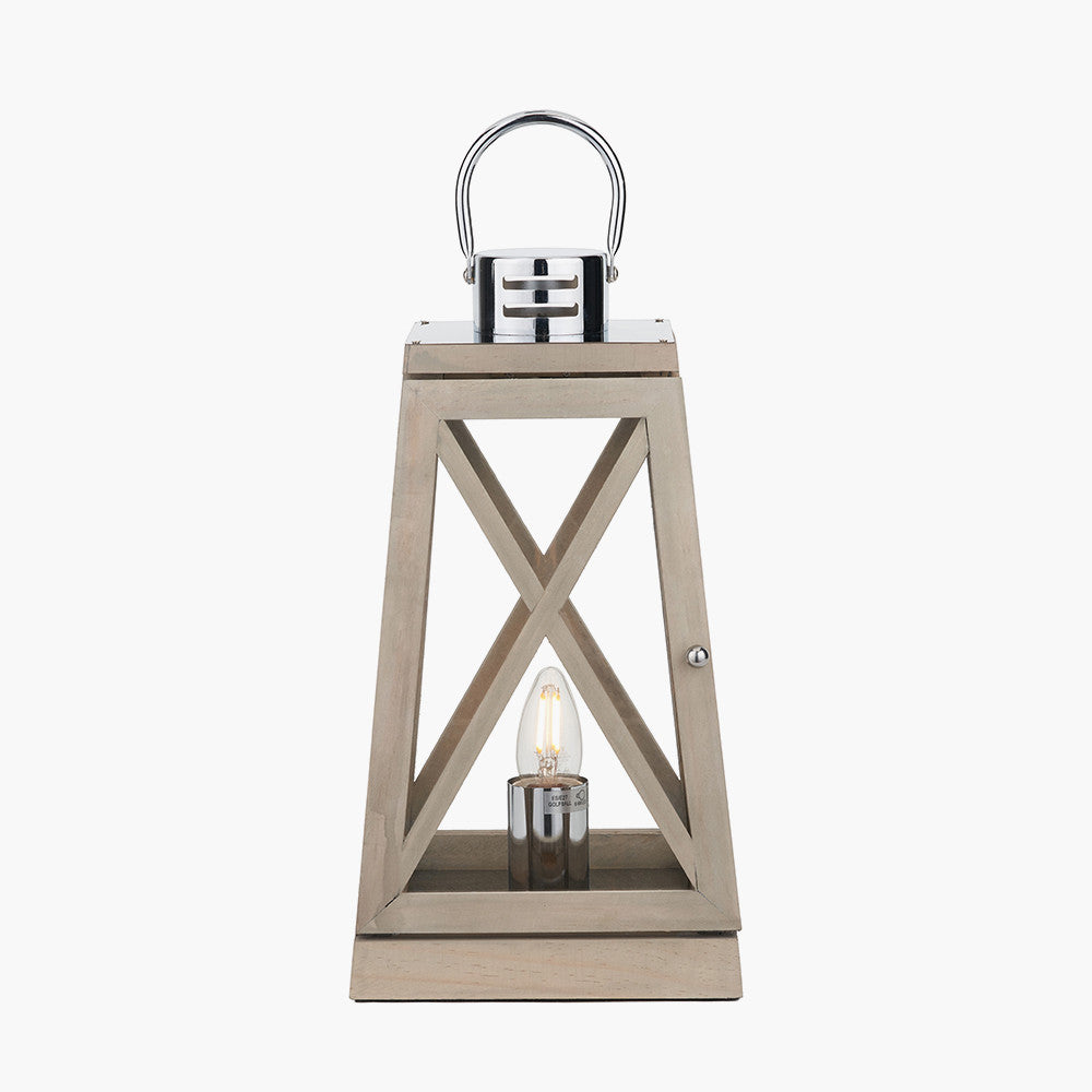 Devon Grey Wood and Chrome Lantern Table Lamp| OUTLET