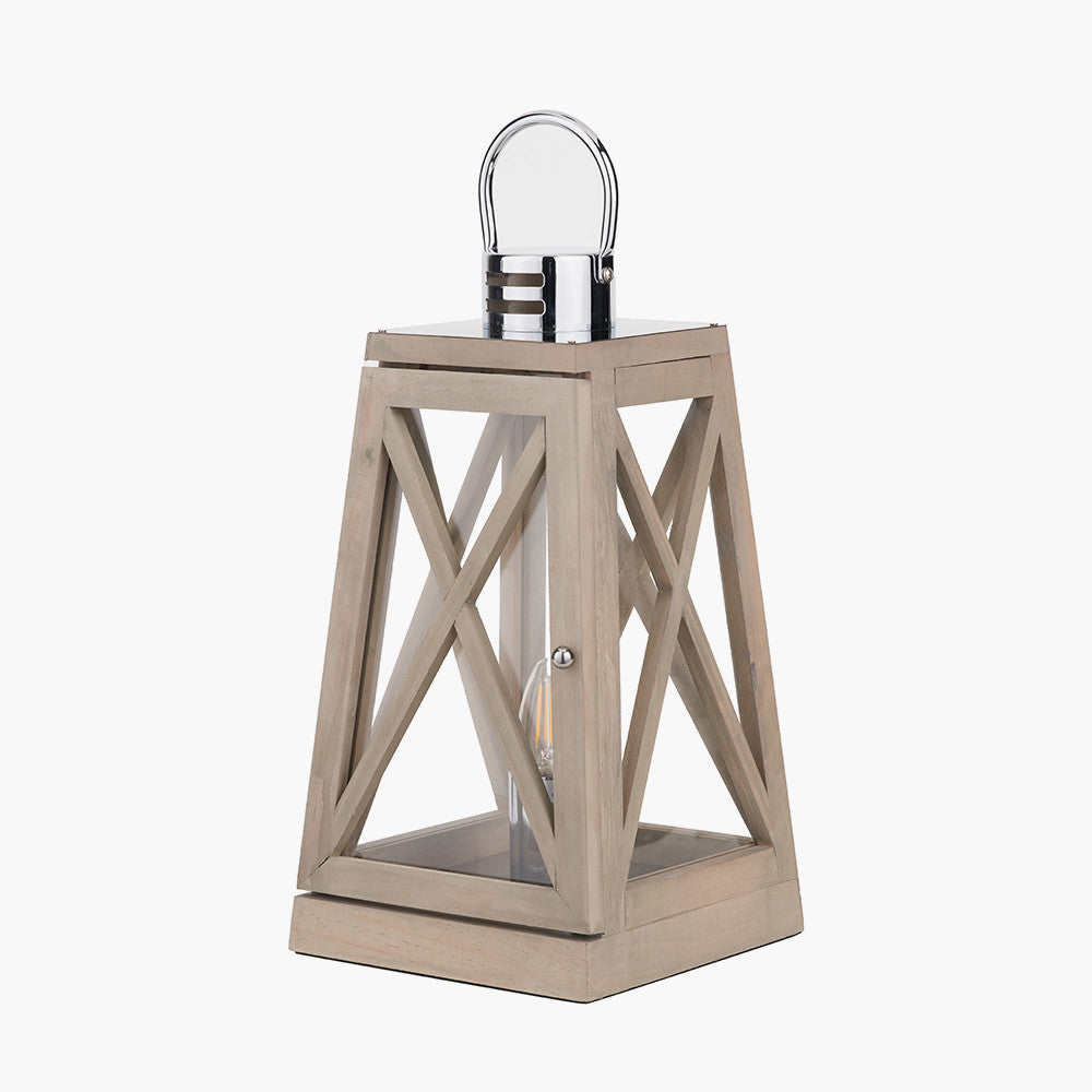 Devon Grey Wood and Chrome Lantern Table Lamp| OUTLET