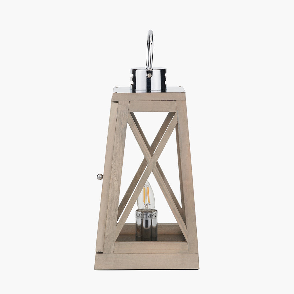 Devon Grey Wood and Chrome Lantern Table Lamp| OUTLET