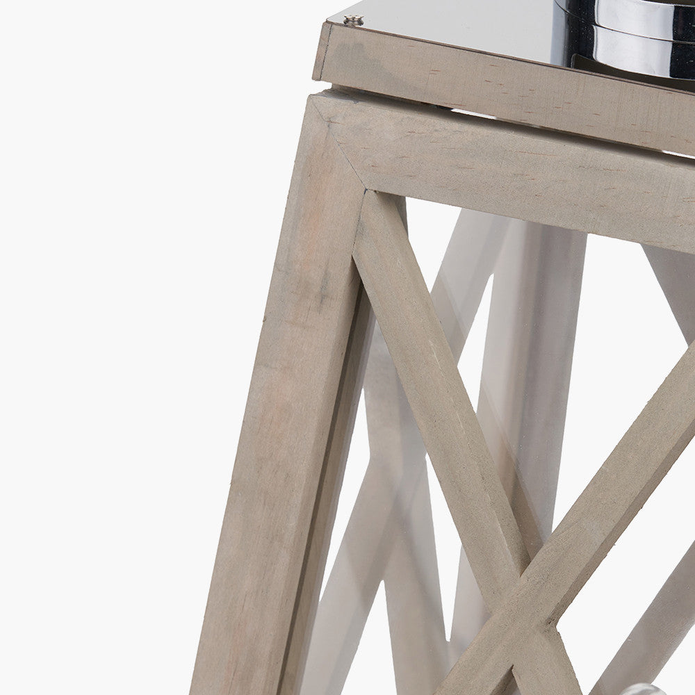 Devon Grey Wood and Chrome Lantern Table Lamp| OUTLET