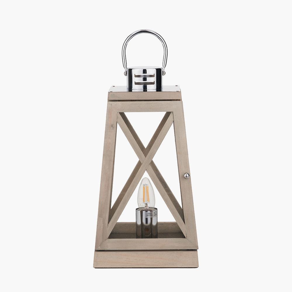 Devon Grey Wood and Chrome Lantern Table Lamp| OUTLET