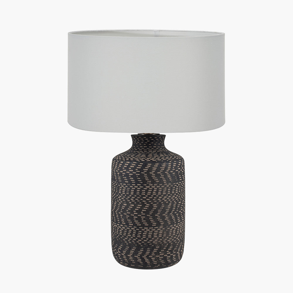 Atouk Textured Black Stoneware Table Lamp Base with Harry 35cm Ivory Cotton Mix Cylinder Lampshade