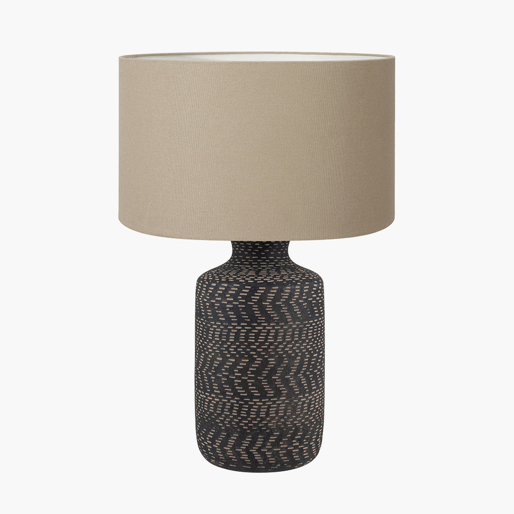 Atouk Textured Black Stoneware Table Lamp Base with Henry 35cm Taupe Handloom Cylinder Lampshade