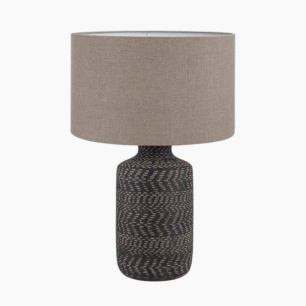 Atouk Textured Black Stoneware Table Lamp Base with Edward 35cm Natural Linen Cylinder Lampshade