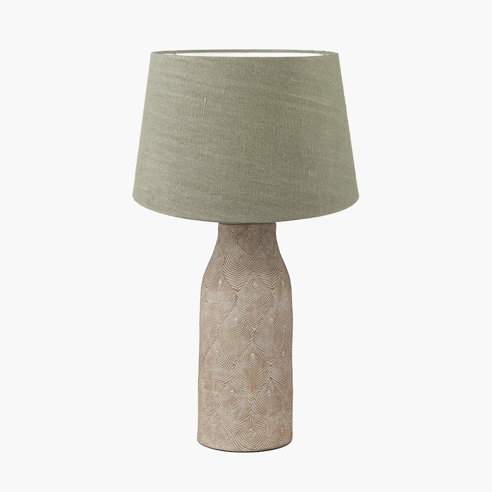 Palawan Stone Grey Feather Stoneware Table Lamp Base with Milos 40cm Pistachio Green Linen Tapered Lampshade