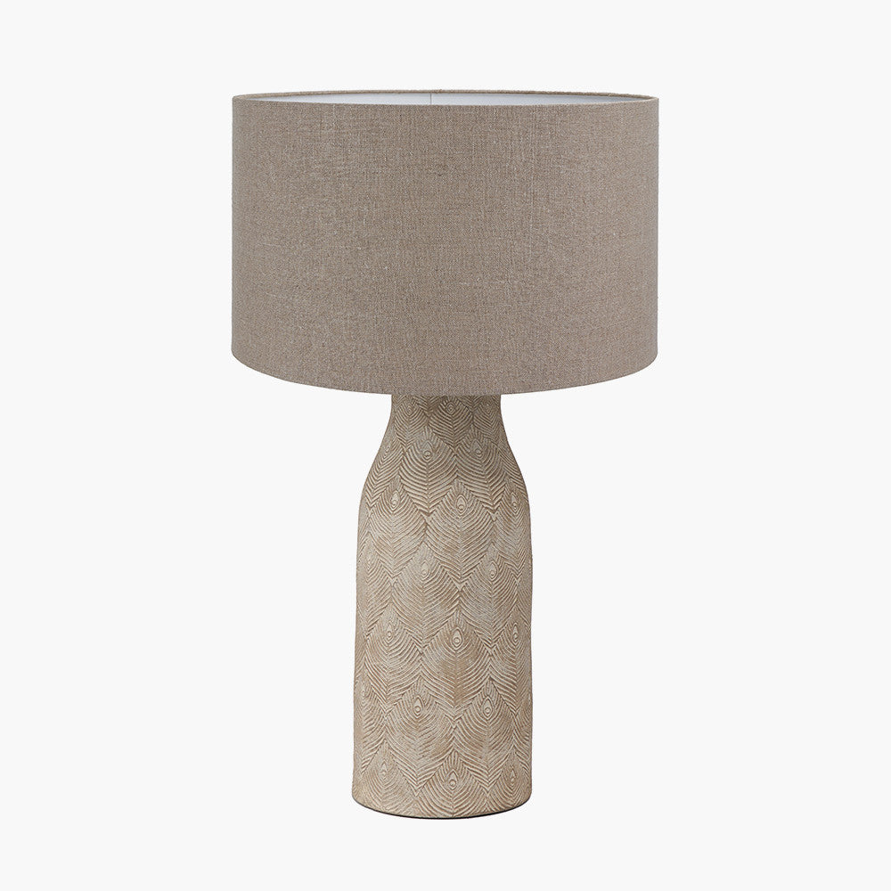 Palawan Stone Grey Feather Stoneware Table Lamp Base with Edward 40cm Natural Linen Cylinder Lampshade