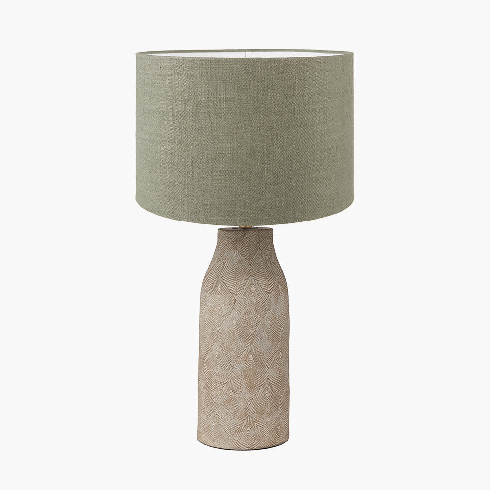 Palawan Stone Grey Feather Stoneware Table Lamp Base with Edward 40cm Pistachio Green Linen Cylinder Lampshade