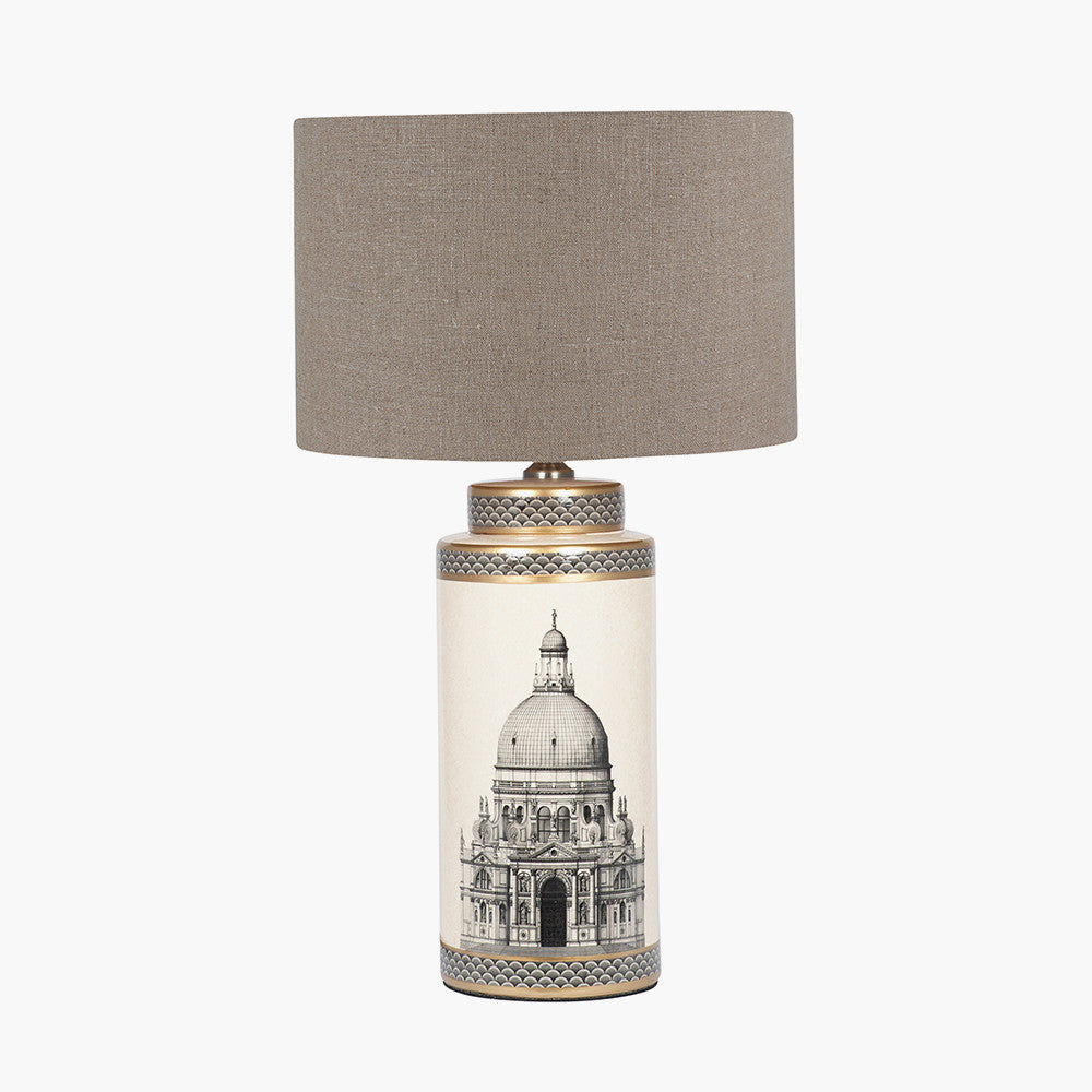 Wren Black and Cream Building Print Tall Ceramic Table Lamp Base with Edward 40cm Natural Linen Cylinder Lampshade