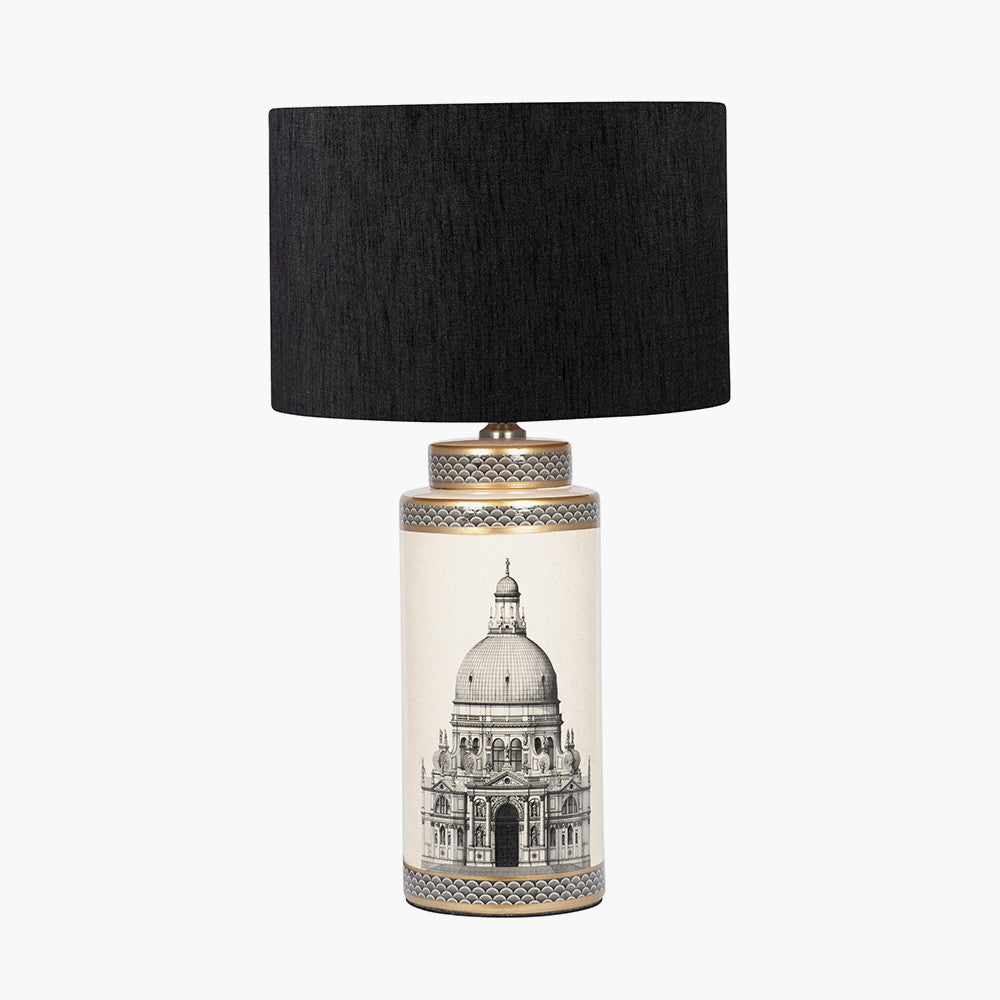 Wren Black and Cream Building Print Tall Ceramic Table Lamp Base with Stellan 40cm Black Slubbed Silk Mix Gold Lined Cylinder Lampshade