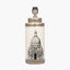 Wren Black and Cream Building Print Tall Ceramic Table Lamp Base with Stellan 40cm Black Slubbed Silk Mix Gold Lined Cylinder Lampshade