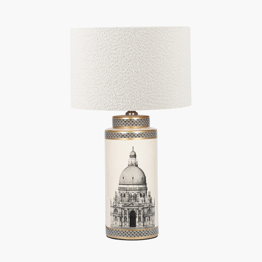 Wren Black and Cream Building Print Tall Ceramic Table Lamp Base with Rouen 40cm White Boucle Cylinder Lampshade