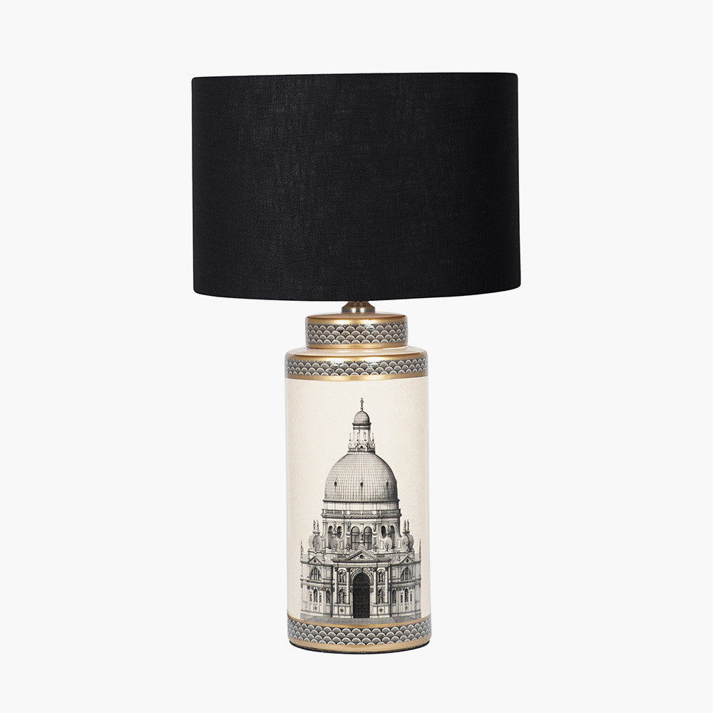 Wren Black and Cream Building Print Tall Ceramic Table Lamp Base with Lino 40cm Black Self Lined Linen Cylinder Lampshade