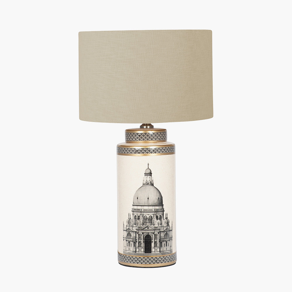 Wren Black and Cream Building Print Tall Ceramic Table Lamp Base with Lino 40cm Cream Self Lined Linen Cylinder Lampshade