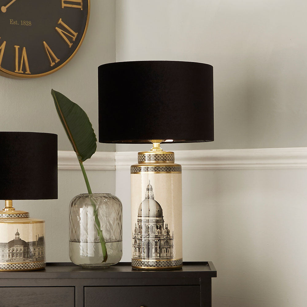 Wren Black and Cream Building Print Tall Ceramic Table Lamp - Base Only