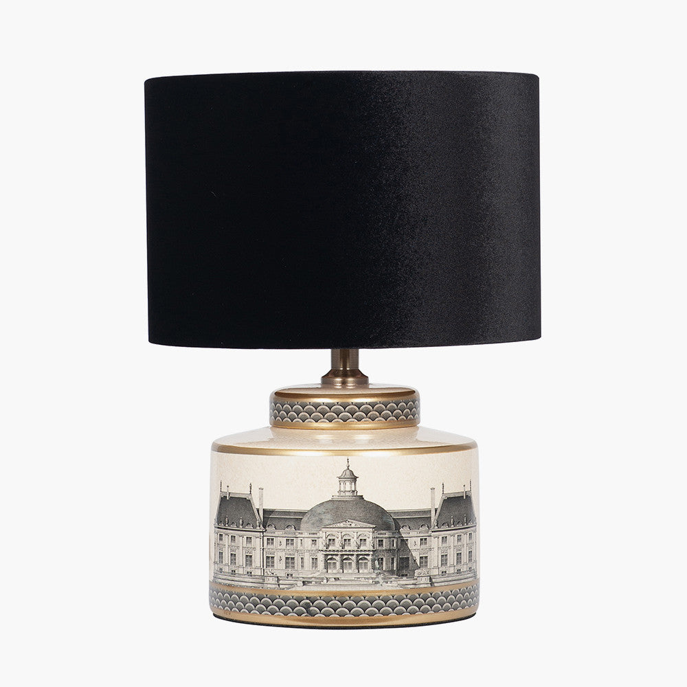 Wren Black and Cream Building Print Ceramic Table Lamp Base with Bow 30cm Black Velvet Cylinder Lampshade