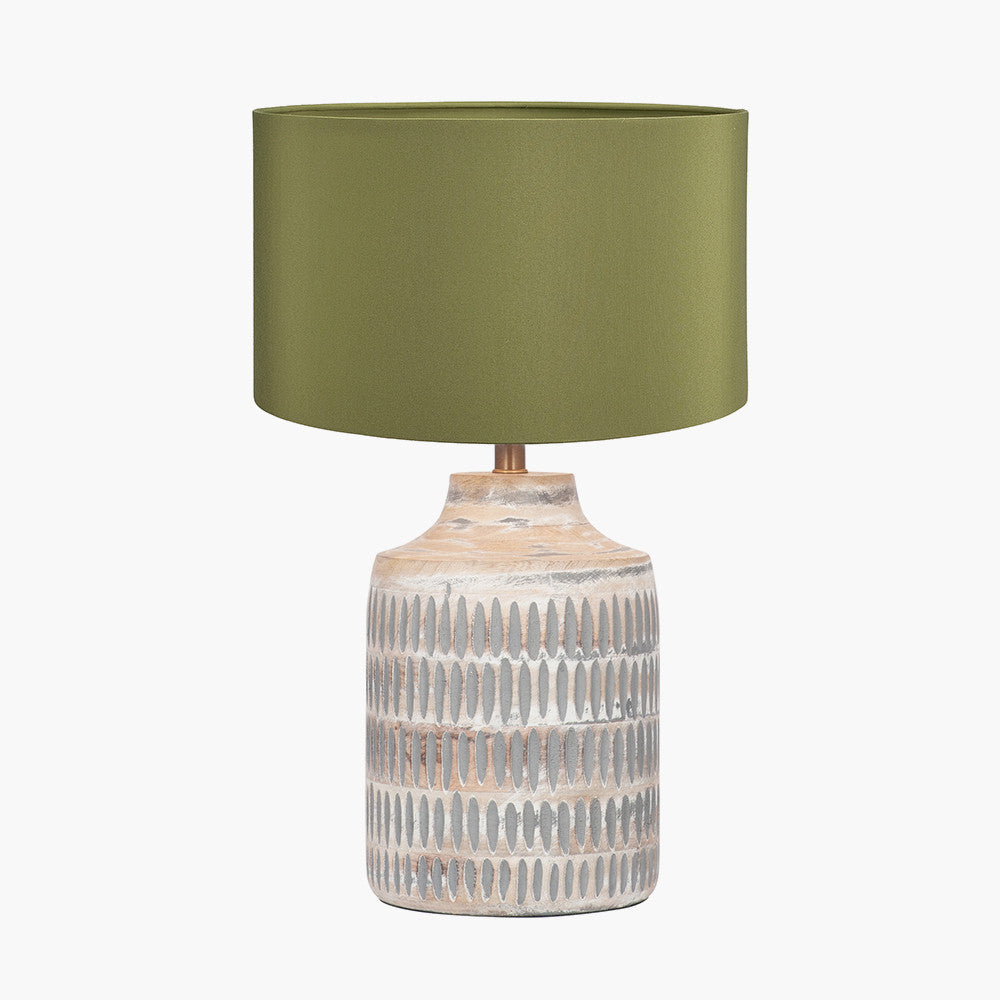 Galle Grey Wash Wood Textured Table Lamp Base with Harry 30cm Sage Cotton Mix Cylinder Lampshade