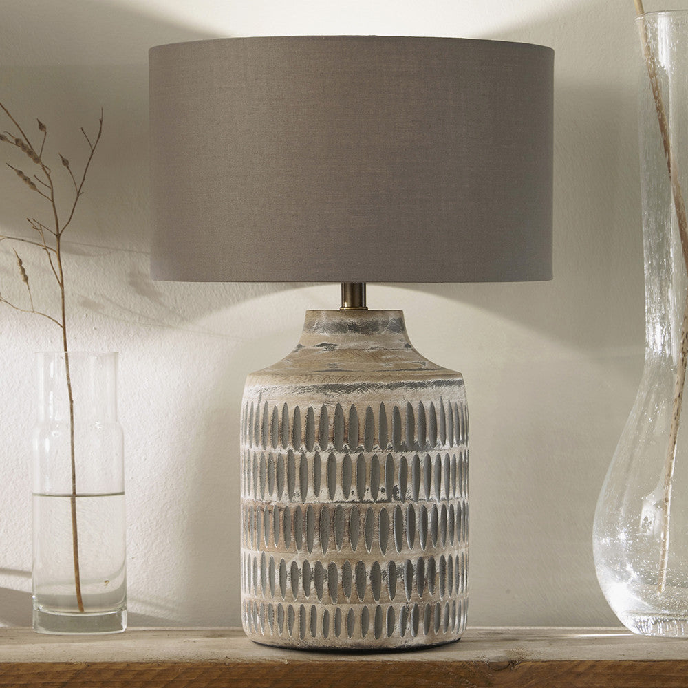Galle Grey Wash Wood Textured Table Lamp Base with Harry 30cm Steel Grey Cotton Mix Cylinder Lampshade