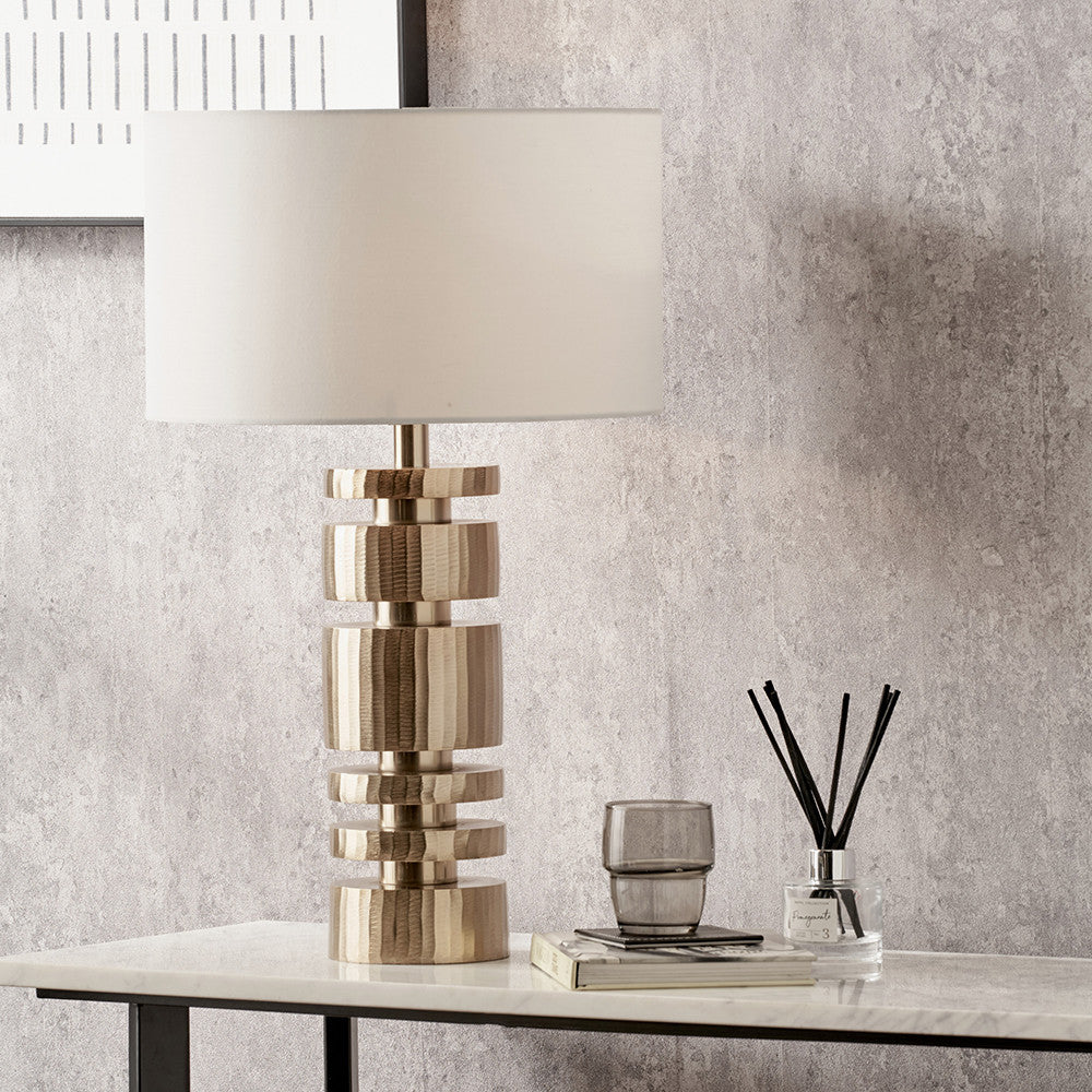 Elon Champagne Gold Metal Stacked Cylinder Table Lamp Base with Harry 35cm Ivory Cotton Mix Cylinder Lampshade