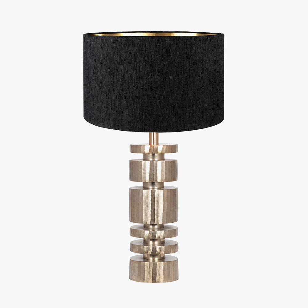 Elon Champagne Gold Metal Stacked Cylinder Table Lamp Base with Stellan 35cm Black Slubbed Silk Mix Gold Lined Cylinder Lampshade