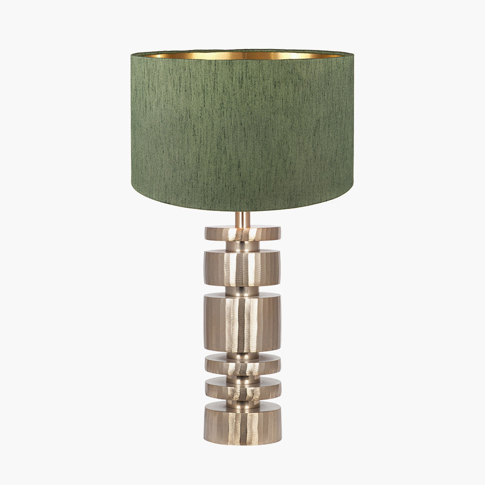 Elon Champagne Gold Metal Stacked Cylinder Table Lamp Base with Stellan 35cm Green Slubbed Silk Mix Gold Lined Cylinder Lampshade
