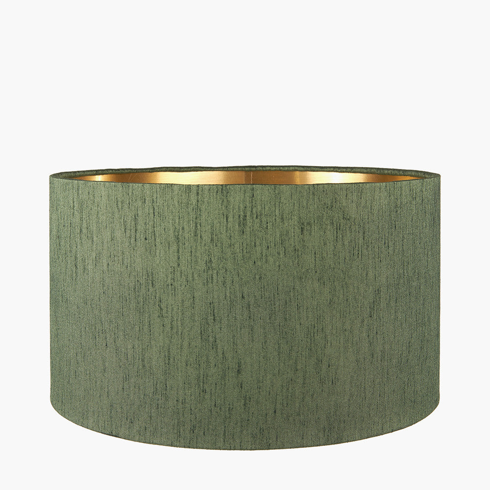Elon Champagne Gold Metal Stacked Cylinder Table Lamp Base with Stellan 35cm Green Slubbed Silk Mix Gold Lined Cylinder Lampshade
