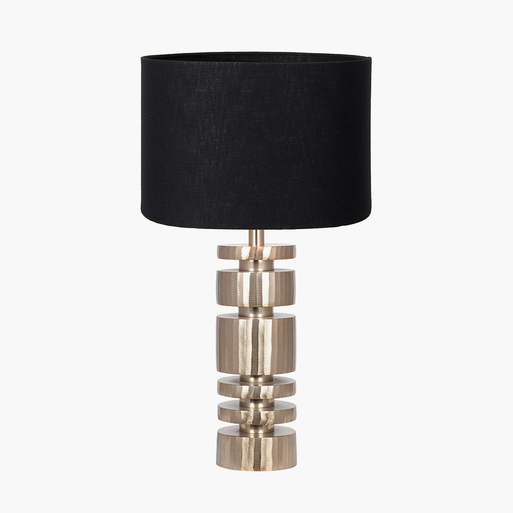 Elon Champagne Gold Metal Stacked Cylinder Table Lamp Base with Lino 35cm Black Self Lined Linen Cylinder Lampshade