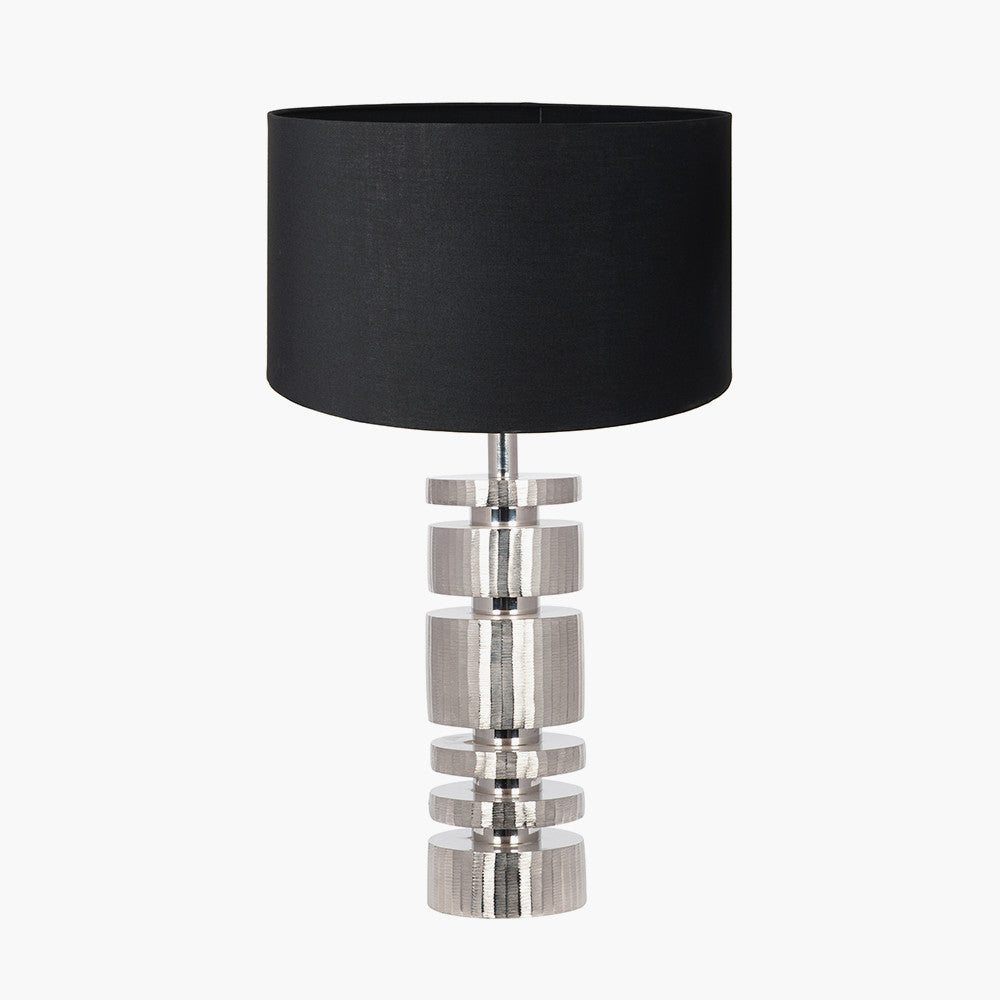 Elon Silver Metal Stacked Cylinder Table Lamp Base with Harry 35cm Black Cotton Mix Cylinder Lampshade