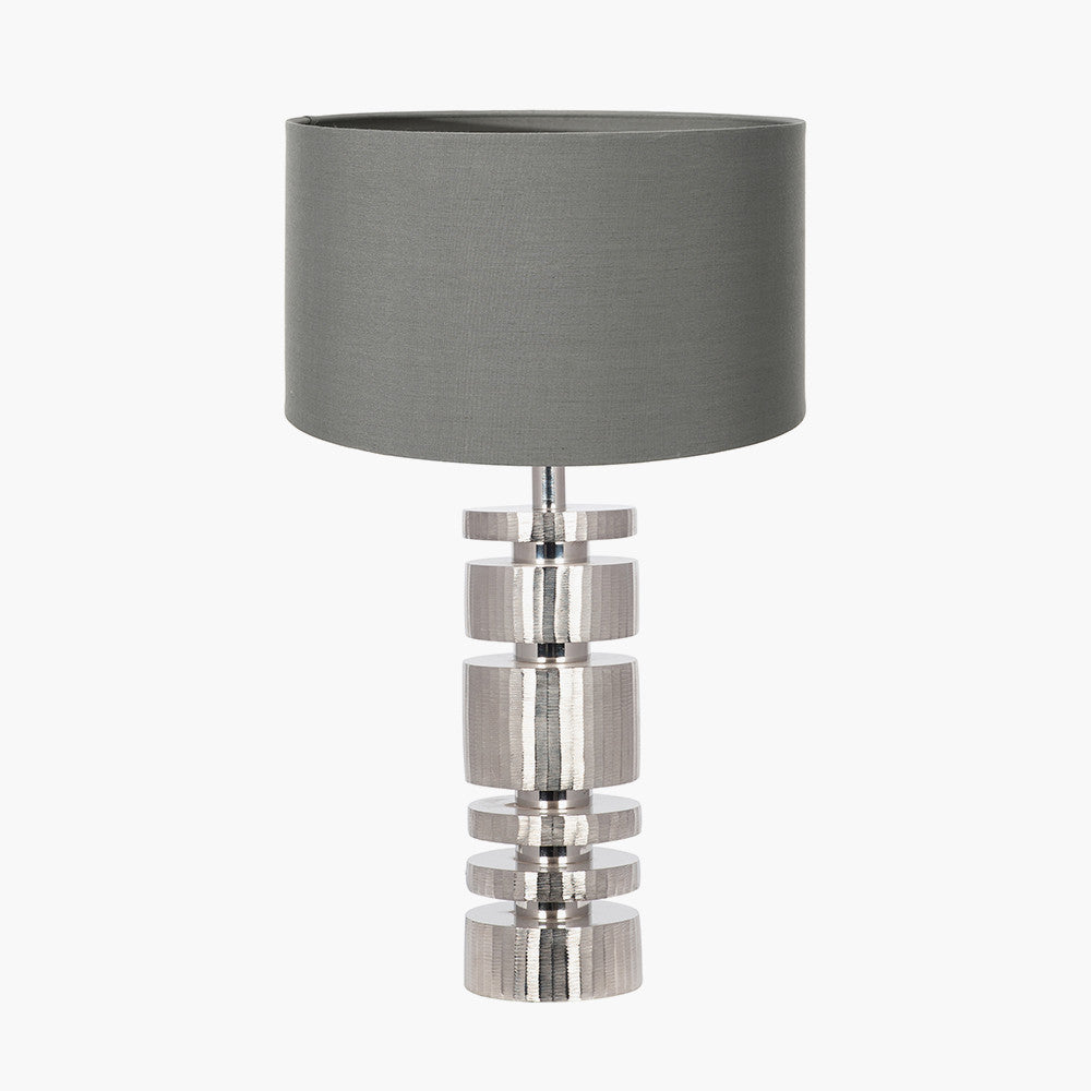 Elon Silver Metal Stacked Cylinder Table Lamp Base with Harry 35cm Steel Grey Cotton Mix Cylinder Lampshade