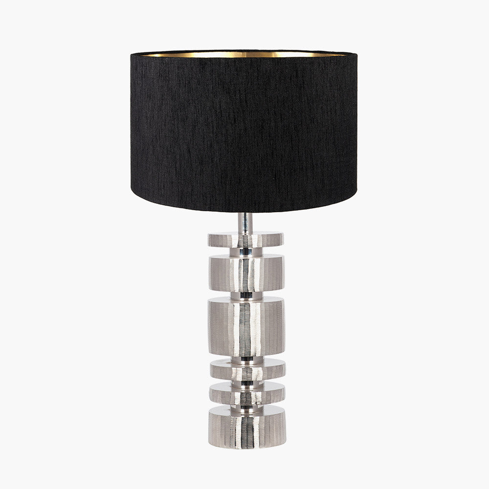 Elon Silver Metal Stacked Cylinder Table Lamp Base with Stellan 35cm Black Slubbed Silk Mix Gold Lined Cylinder Lampshade