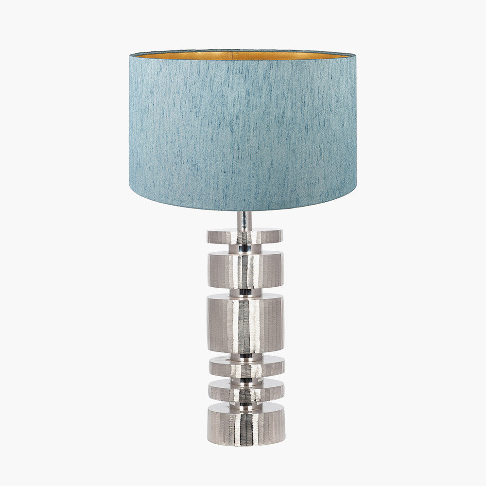 Elon Silver Metal Stacked Cylinder Table Lamp Base with Stellan 35cm Duck Egg Slubbed Silk Mix Gold Lined Cylinder Lampshade