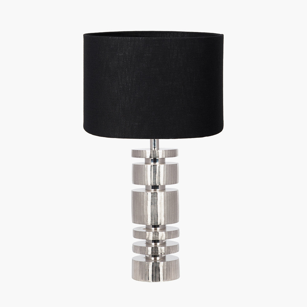 Elon Silver Metal Stacked Cylinder Table Lamp Base with Lino 35cm Black Self Lined Linen Cylinder Lampshade