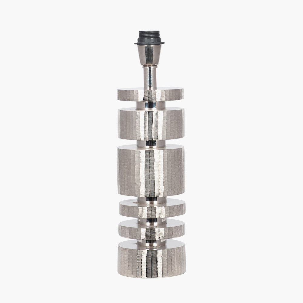 Elon Silver Metal Stacked Cylinder Table Lamp Base with Lino 35cm Black Self Lined Linen Cylinder Lampshade