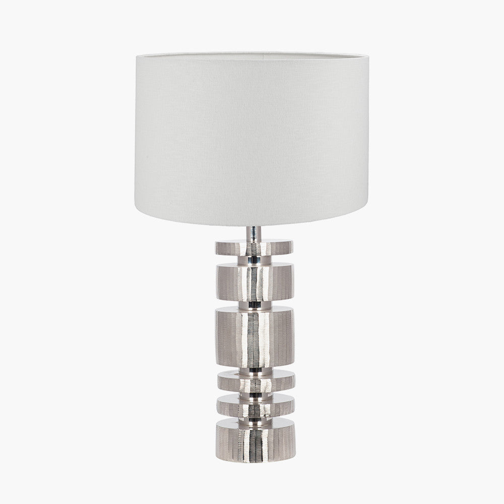 Elon Silver Metal Stacked Cylinder Table Lamp Base with Lino 35cm White Self Lined Linen Cylinder Lampshade