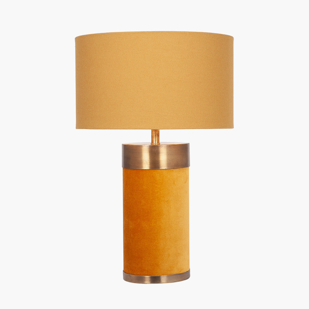 Dempsey Mustard Velvet and Antique Gold Metal Table Lamp Base with Henry 30cm Mustard Handloom Cylinder Lampshade