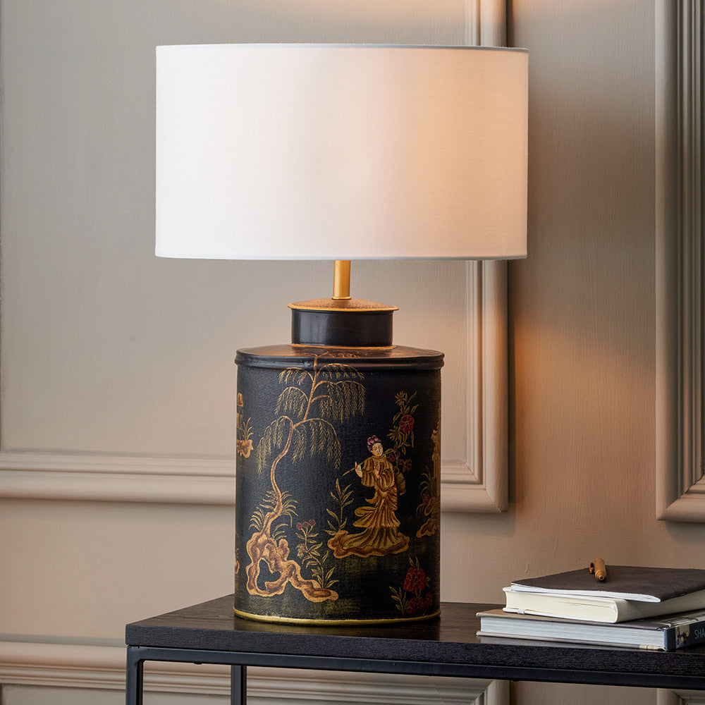 Landscape Black Hand Painted Metal Table Lamp Base with Harry 35cm Ivory Cotton Mix Cylinder Lampshade