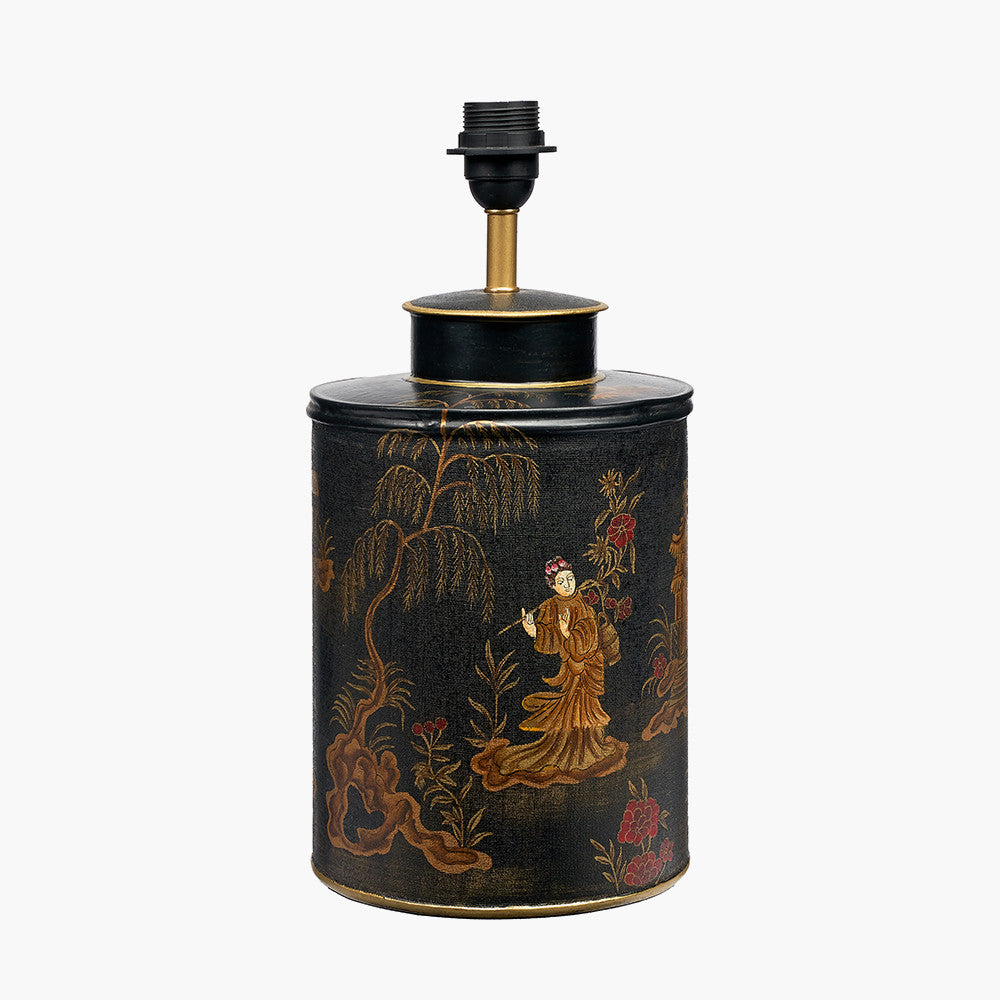 Landscape Black Hand Painted Metal Table Lamp Base with Bow 35cm Forest Green Velvet Cylinder Lampshade