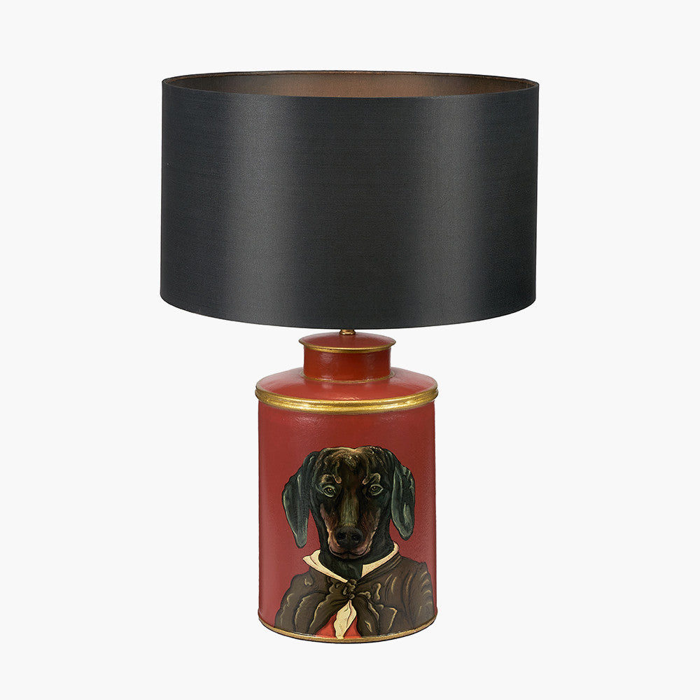 Dachshund Red Hand Painted Metal Table Lamp Base with Zara 40cm Black Silk Cylinder Lampshade
