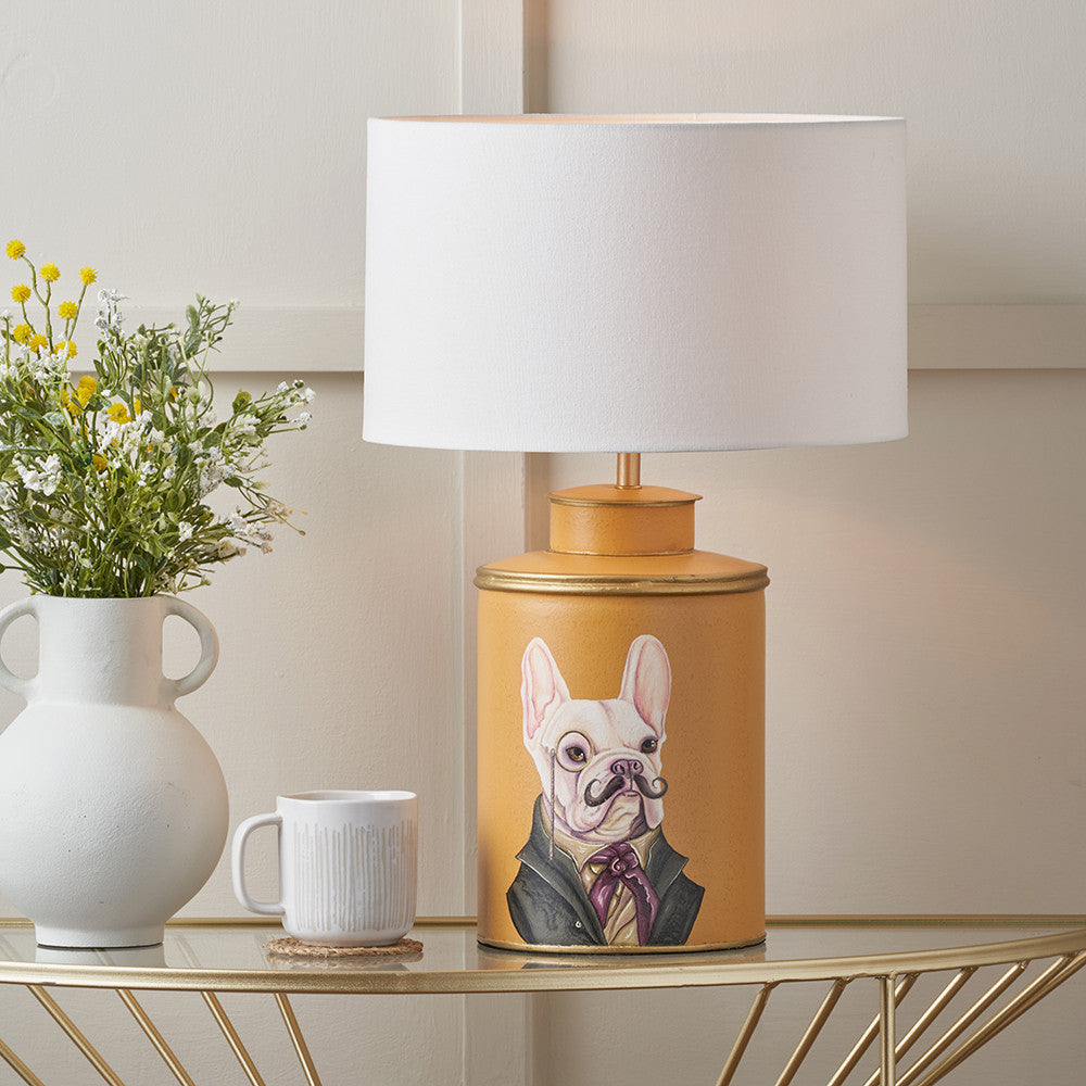 Boston Terrier Mustard Hand Painted Metal Table Lamp Base with Henry 35cm White Handloom Cylinder Lampshade