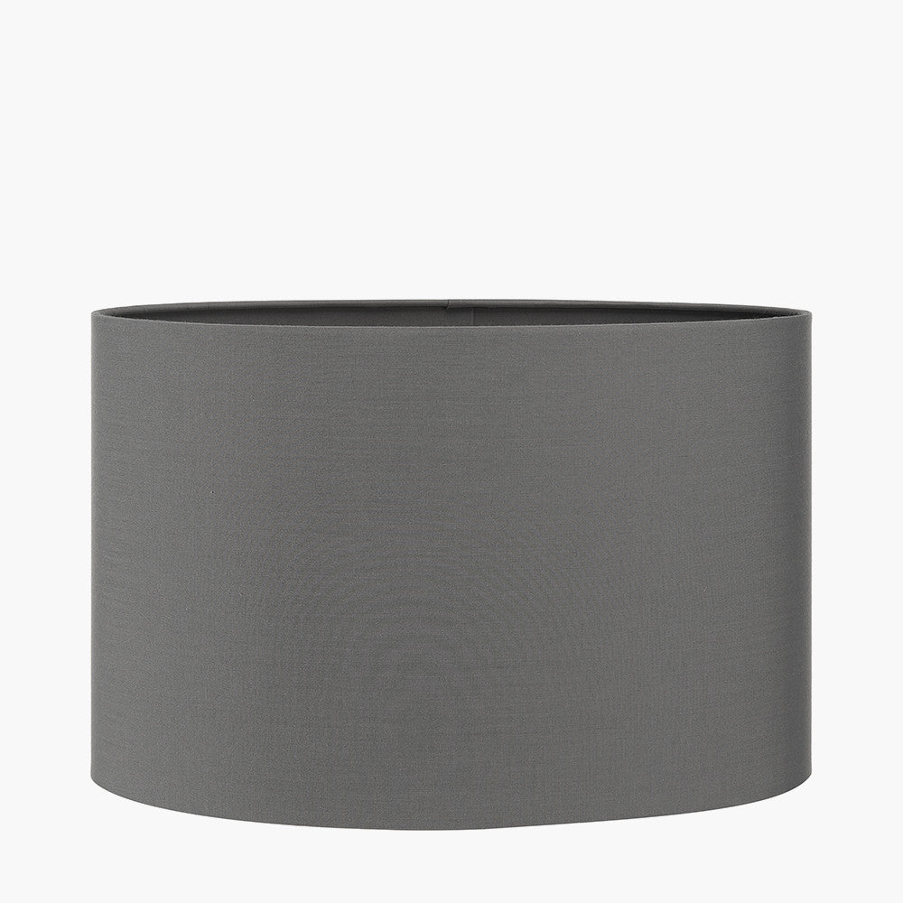 Orla Shiny Silver Metal Statement Circle Table Lamp Base with Mia 35cm Steel Grey Oval Cotton Mix Lampshade