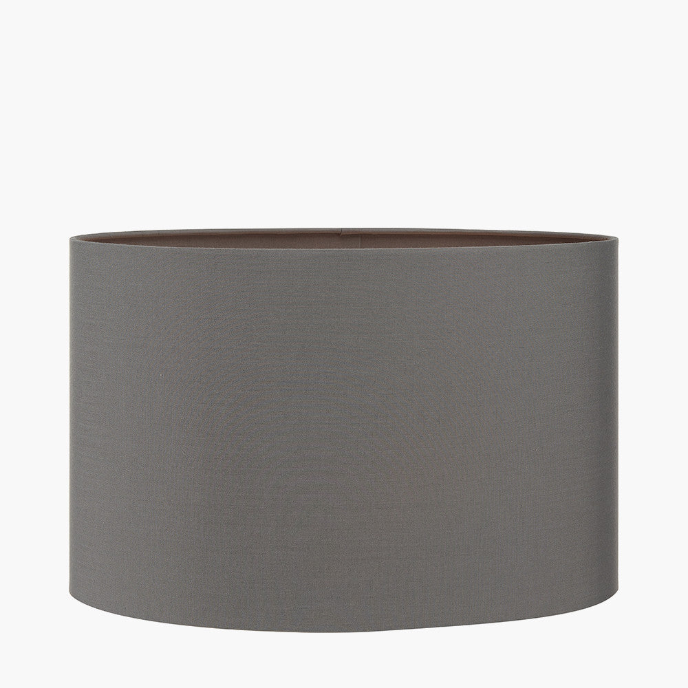 Orla Shiny Silver Metal Statement Circle Table Lamp Base with Mia 35cm Steel Grey Oval Cotton Mix Lampshade