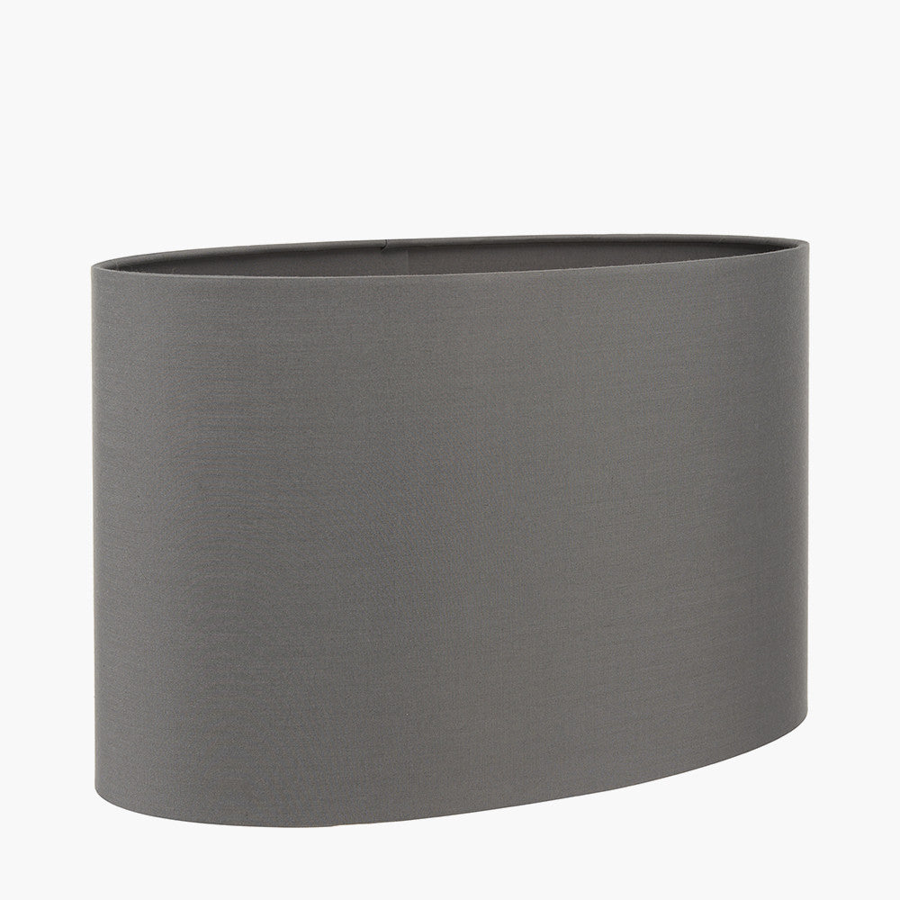 Orla Shiny Silver Metal Statement Circle Table Lamp Base with Mia 35cm Steel Grey Oval Cotton Mix Lampshade