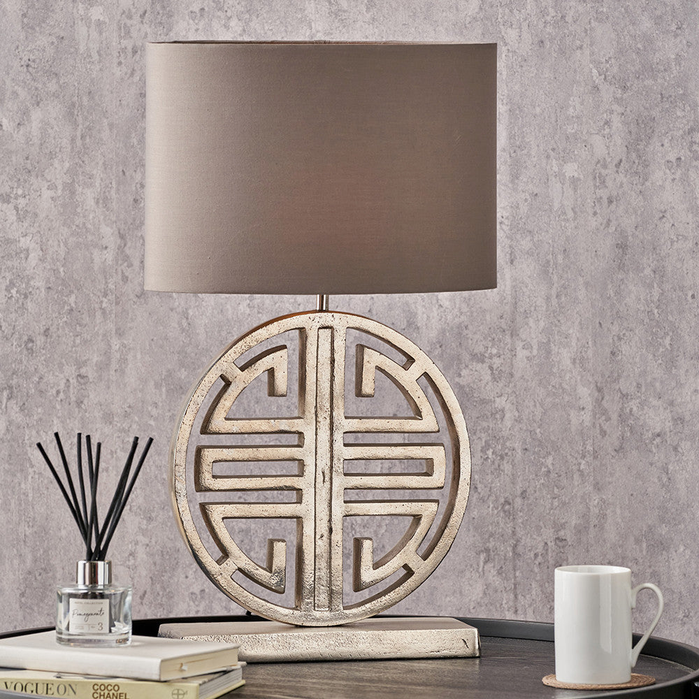Orla Shiny Silver Metal Statement Circle Table Lamp Base with Mia 35cm Steel Grey Oval Cotton Mix Lampshade