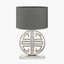 Orla Shiny Silver Metal Statement Circle Table Lamp Base with Mia 35cm Steel Grey Oval Cotton Mix Lampshade