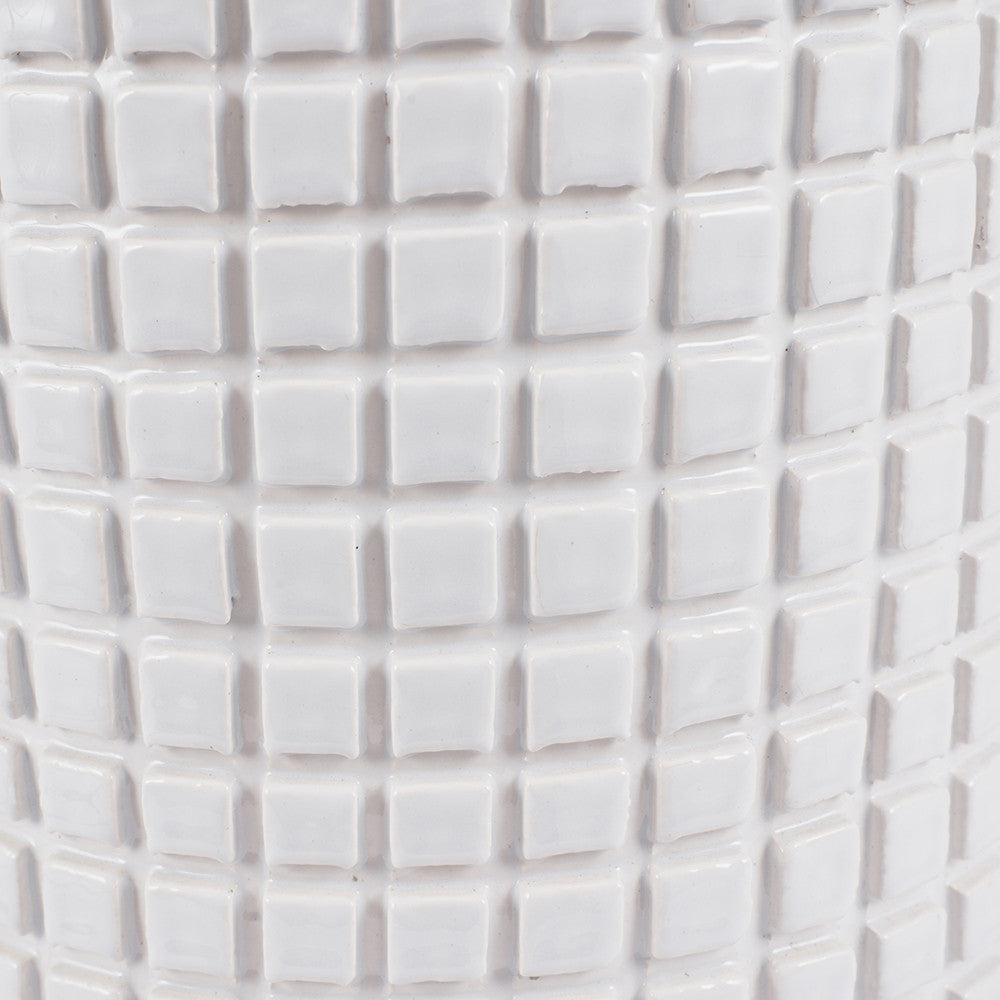 Malone Textured White Squares Design Stoneware Table Lamp Base with Harry 35cm Steel Grey Cotton Mix Cylinder Lampshade