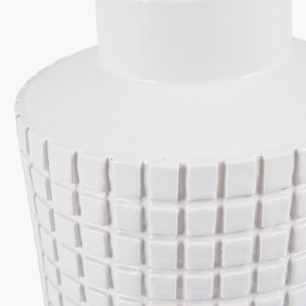 Malone Textured White Squares Design Stoneware Table Lamp Base with Harry 35cm Steel Grey Cotton Mix Cylinder Lampshade
