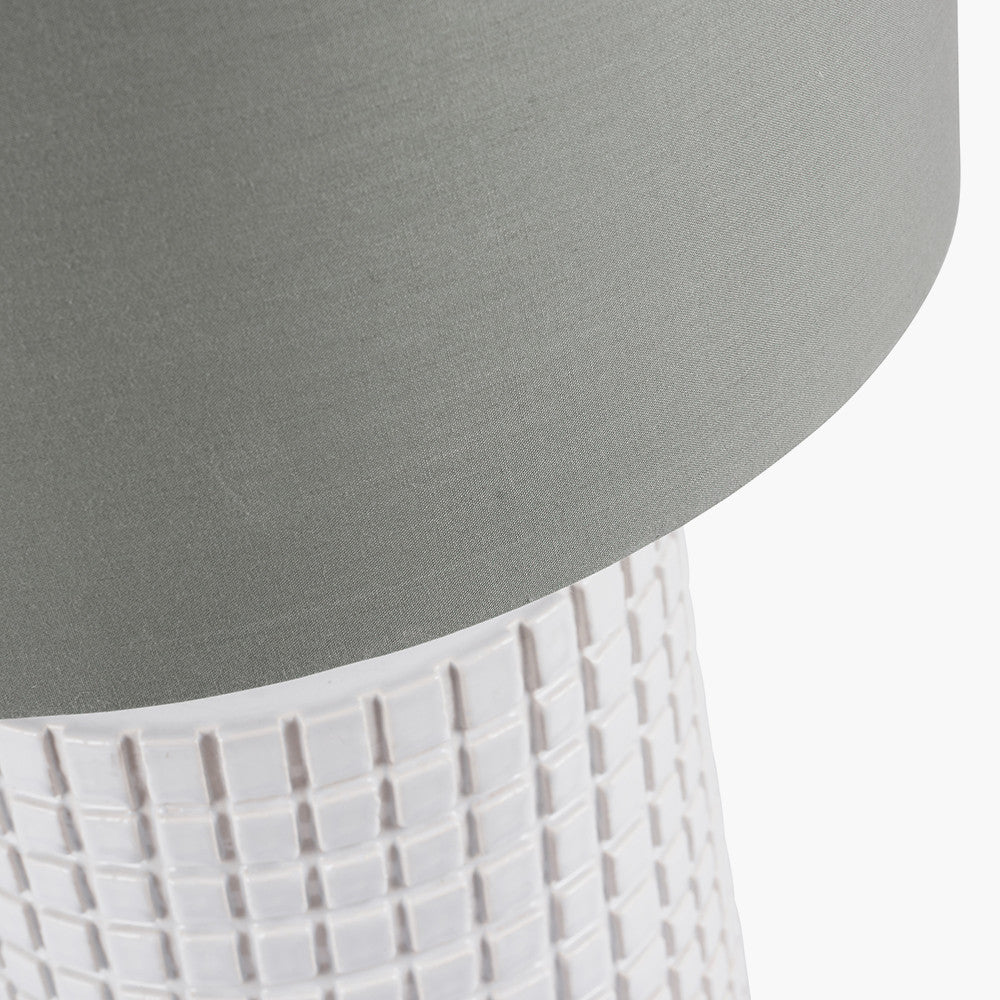 Malone Textured White Squares Design Stoneware Table Lamp Base with Harry 35cm Steel Grey Cotton Mix Cylinder Lampshade