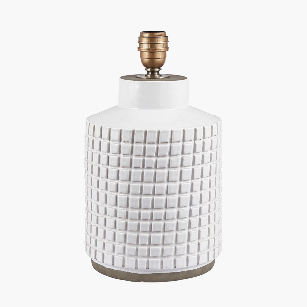 Malone Textured White Squares Design Stoneware Table Lamp Base with Lino 35cm Grey Self Lined Linen Cylinder Lampshade