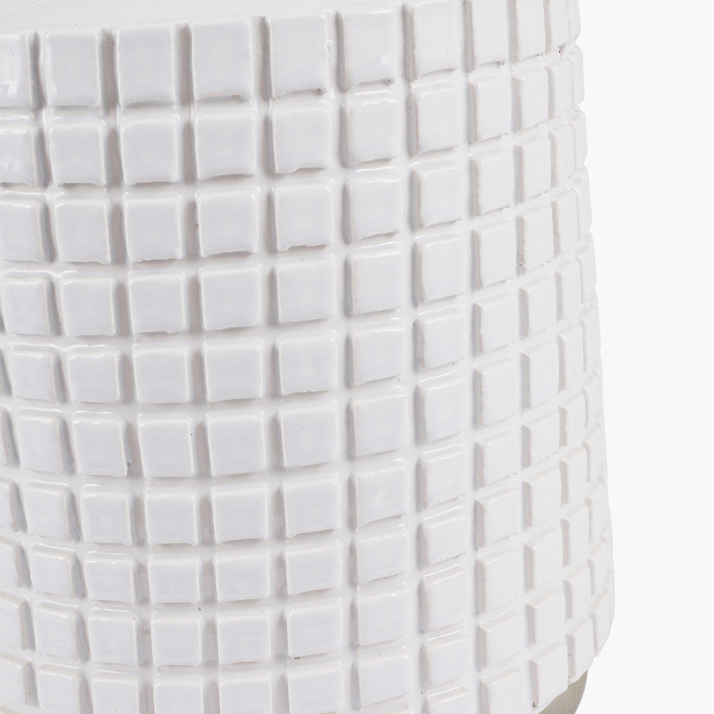 Malone Textured White Squares Design Stoneware Table Lamp Base with Lino 35cm Grey Self Lined Linen Cylinder Lampshade