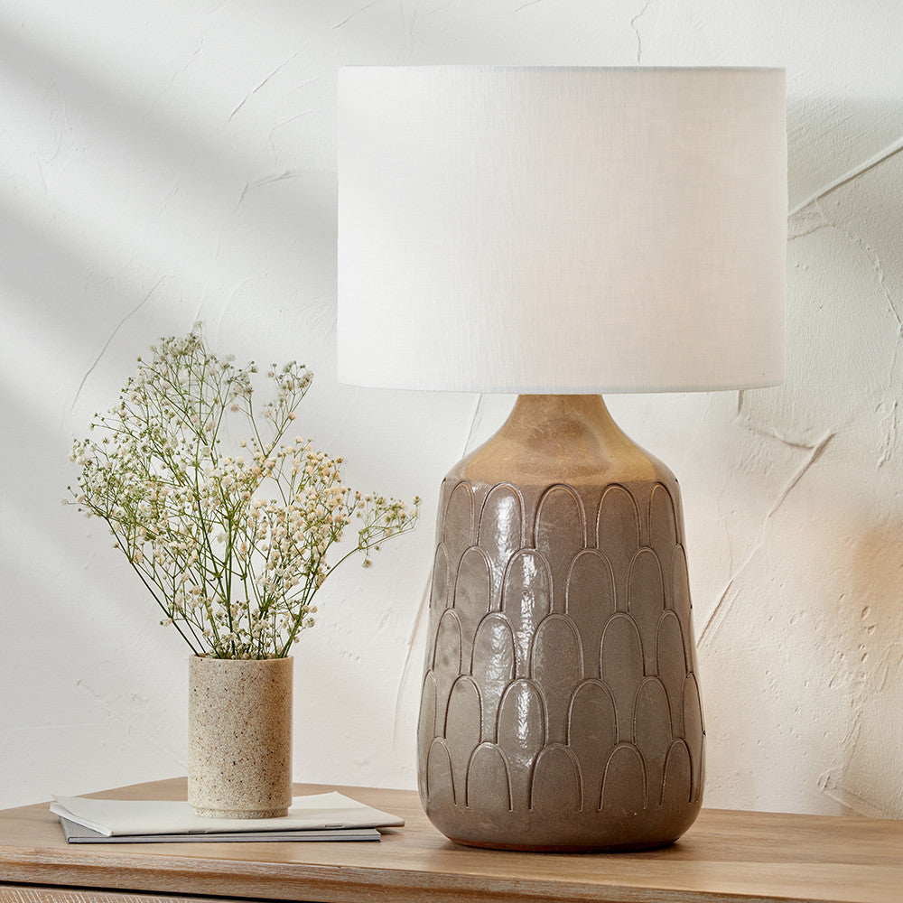 Coco Grey Gloss Arch Design Stoneware Table Lamp Base with Lino 35cm Grey Self Lined Linen Cylinder Lampshade