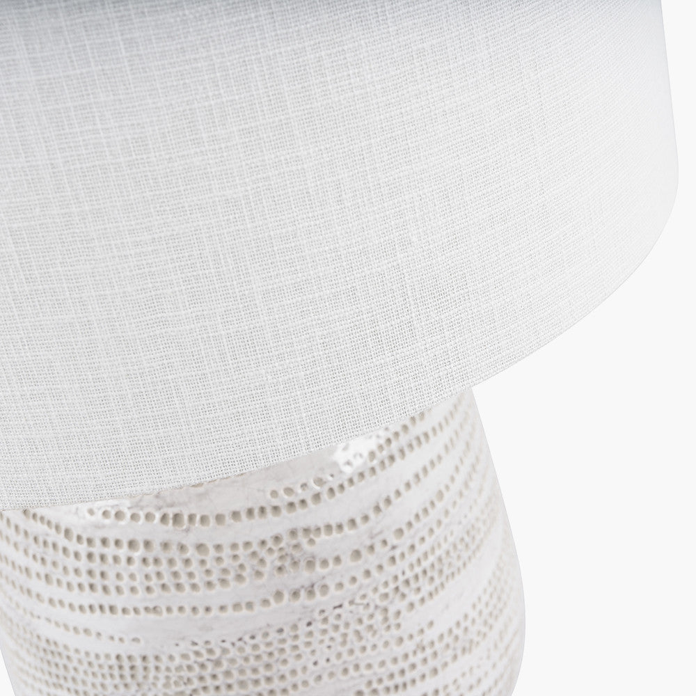 Alina White Dot Design Small Stoneware Table Lamp Base with Lino 25cm White Self Lined Linen Drum Lampshade